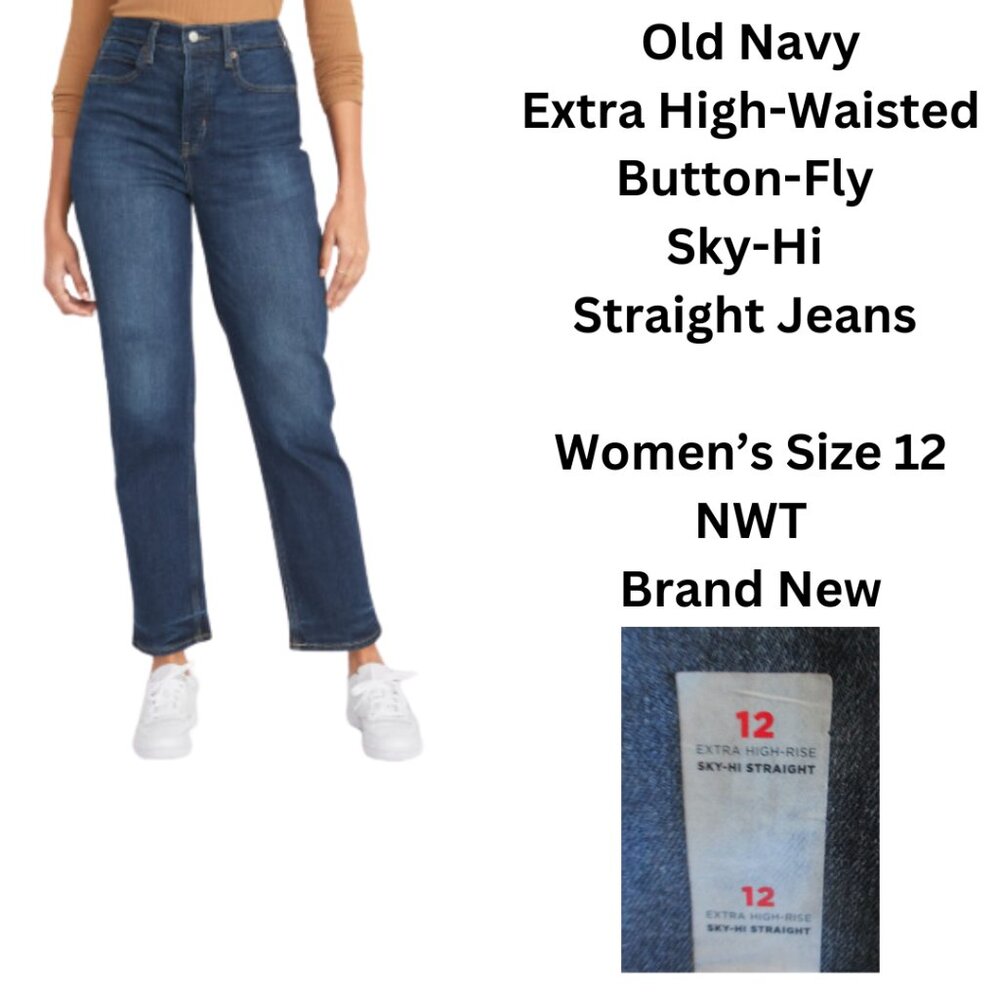 Old Navy Jeans Extra High-Waisted Button-Fly Sky-Hi Straight Women’s Size 12 NEW